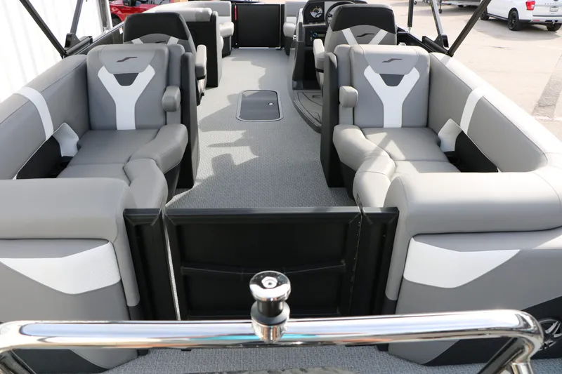 Slide: The Image of Interior of 2026 Evotti 521 QL Tri Toon with gray seating. - 31