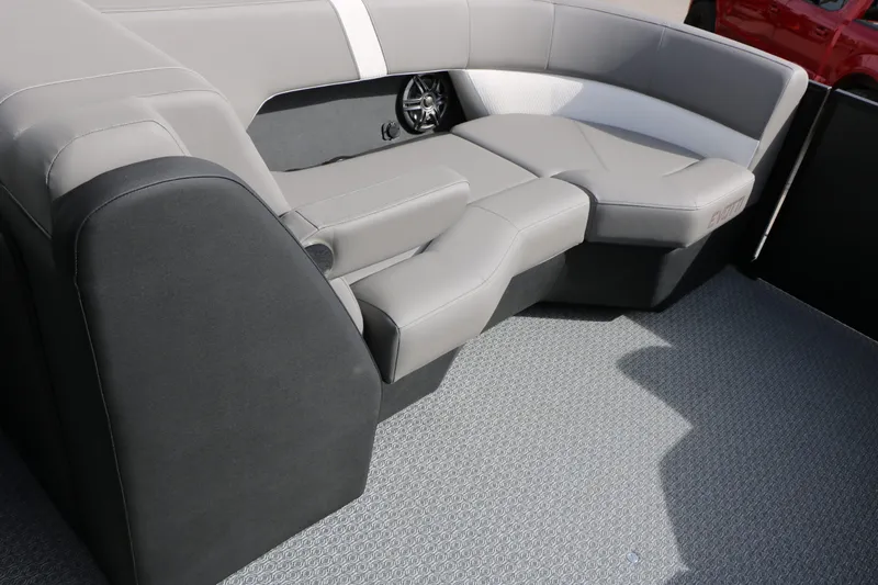 Slide: The Image of Interior of 2026 Evotti 521 QL Tri Toon with gray upholstered seating. - 43