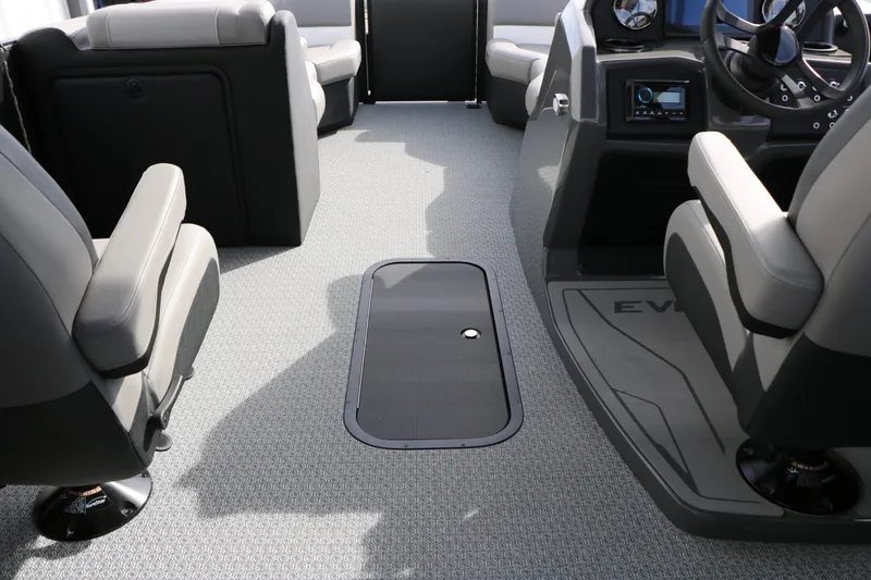 Slide: The Image of Interior of 2026 Evotti 521 QL Tri Toon with gray seating. - 48