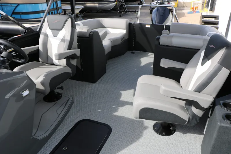 Slide: The Image of Interior of 2026 Evotti 521 QL Tri Toon with gray seating. - 49