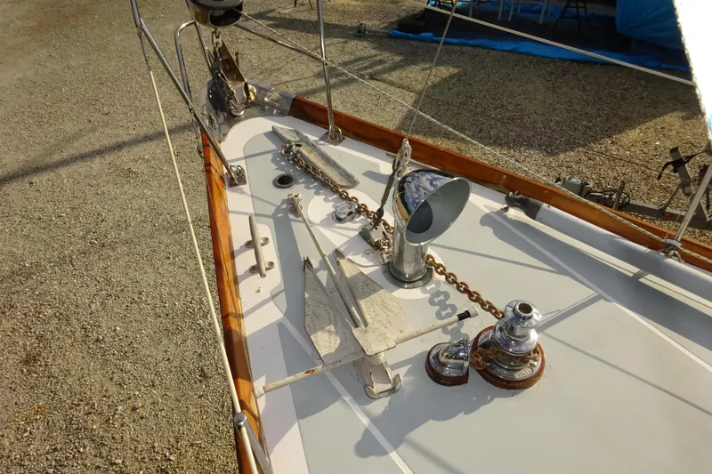 Slide: The Image of Deck of 1970 Hinckley Bermuda 40 Custom sailboat with anchor and winch. - 19