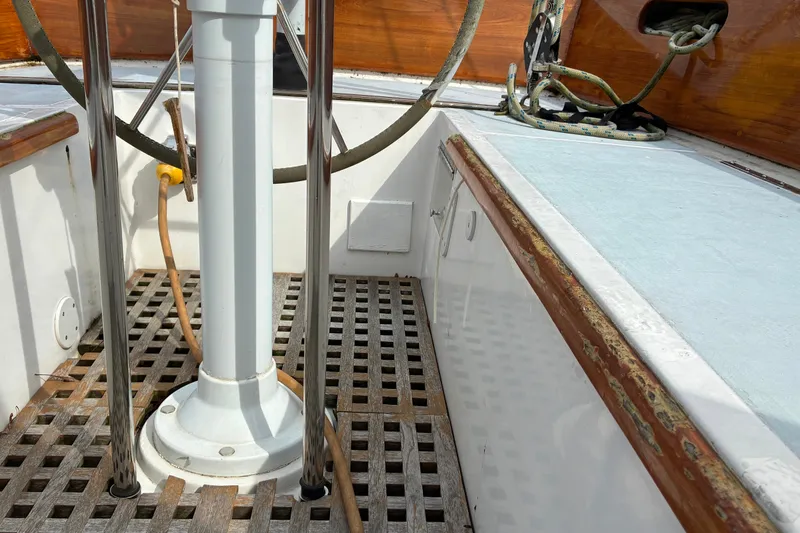 Slide: The Image of Cockpit of 1970 Hinckley Bermuda 40 sailboat with wooden and metal details. - 41