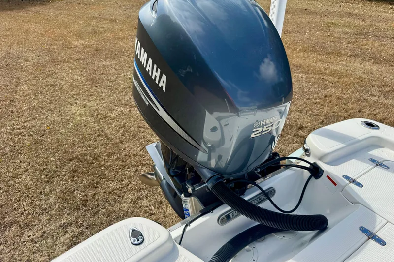 Slide: The Image of Yamaha 250 outboard motor on 2007 BlackJack 224 boat, parked on grass. - 12