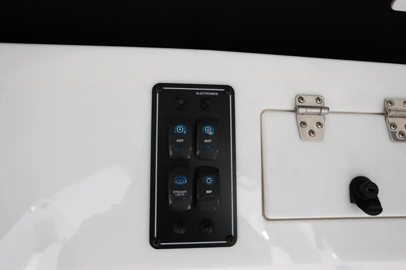 Slide: The Image of Control panel on 2025 Stingray 216 CC boat, featuring accessory and light switches. - 14