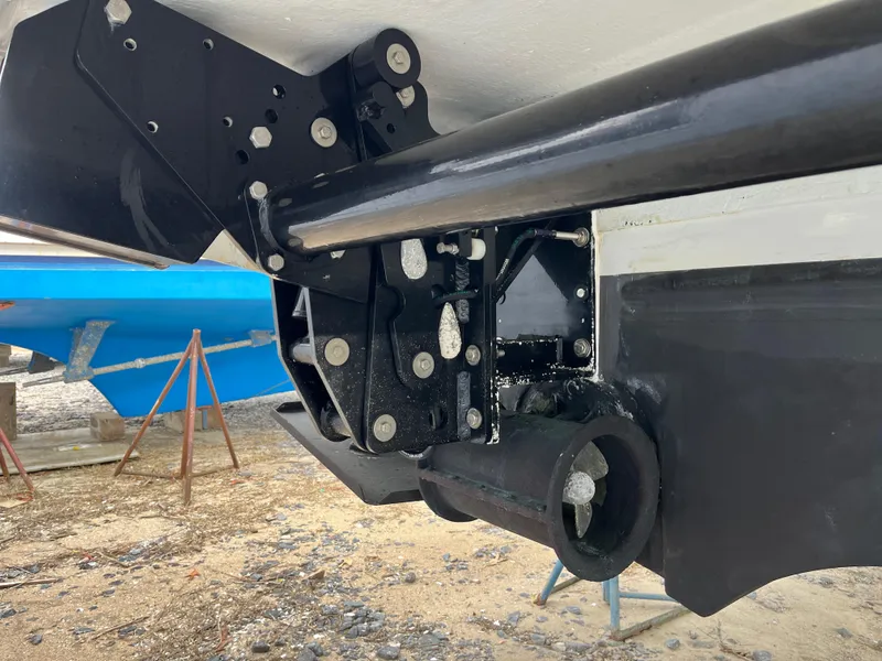Slide: The Image of Close-up of 2013 Beneteau Swift Trawler 34 propeller shaft and rudder assembly. - 8