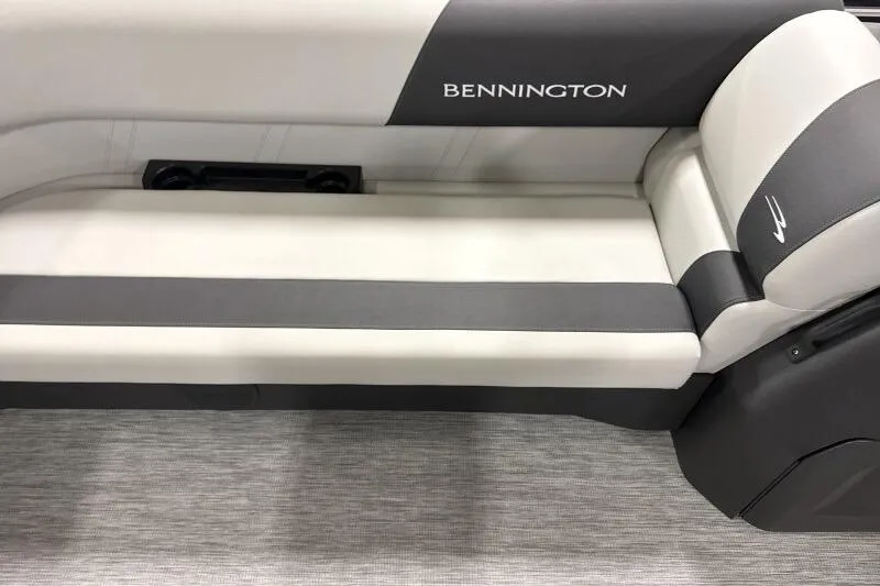Slide: The Image of Bennington 20 SLSF - SNAP 2026 boat seating, featuring sleek gray and white upholstery. - 9