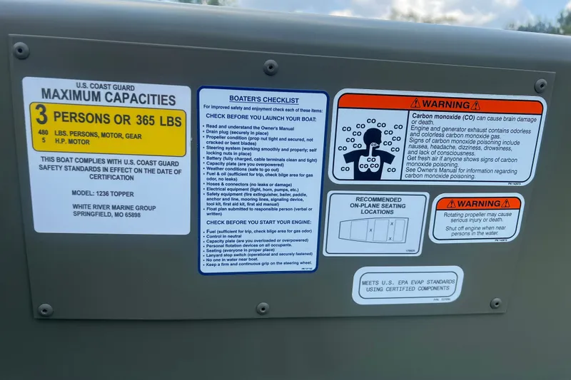 Slide: The Image of Safety and capacity labels on 2026 Tracker Grizzly 12 Jon boat, detailing weight limits and warnings. - 11