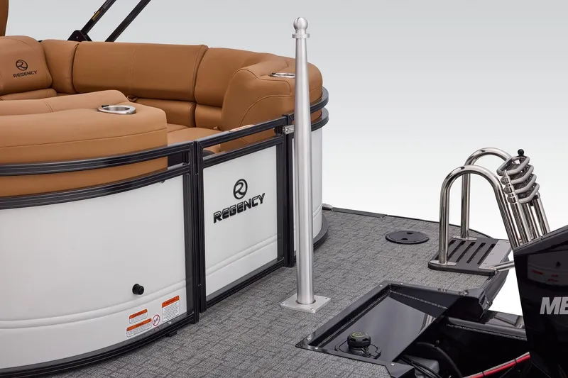 Slide: The Image of 2026 Regency 230 DL pontoon boat with tan seating and stainless steel ladder. - 38
