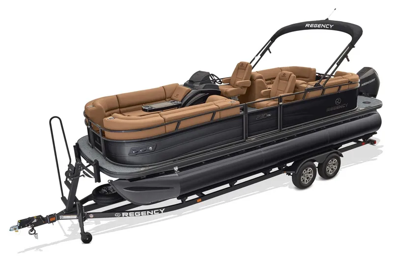 Slide: The Image of 2026 Regency 230 DL pontoon boat on trailer, featuring luxurious tan seating. - 50