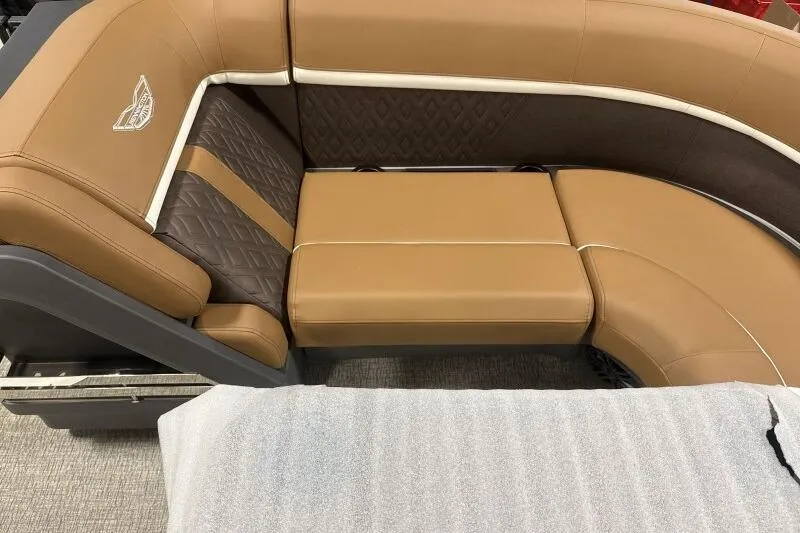 Slide: The Image of Luxurious seating on 2026 Bennington 22 MSBSF boat, featuring tan and brown upholstery. - 8