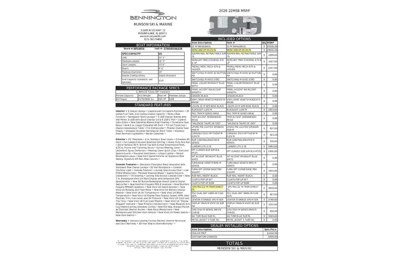 Slide: The Image of 2026 Bennington 22 MSBSF boat specifications and options list from Munson Ski & Marine. - 23