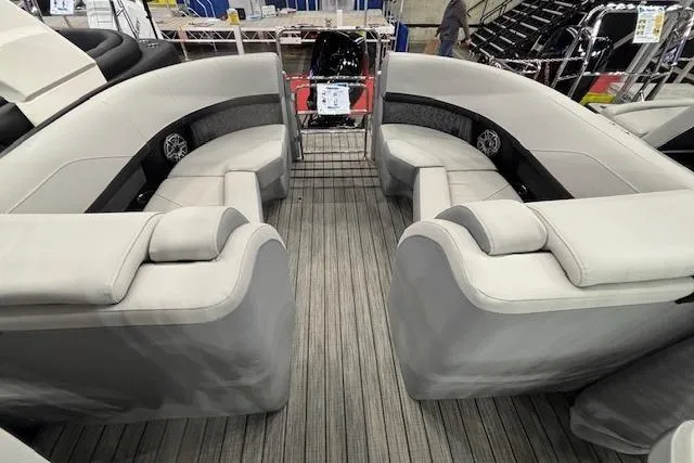 Slide: The Image of 2026 Harris Solstice 230 CWDH boat interior with luxurious seating and modern design. - 13