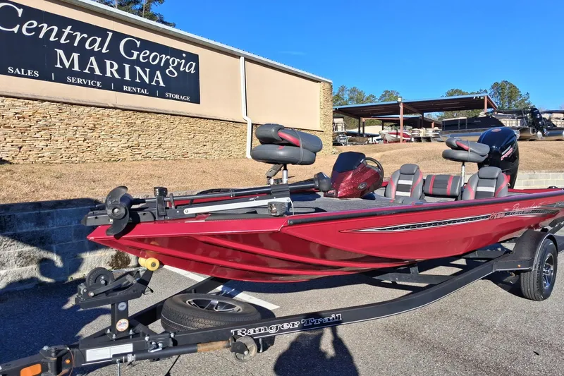 Slide: The Image of 2023 Ranger RT188 boat at Central Georgia Marina, displayed on a trailer. - 3