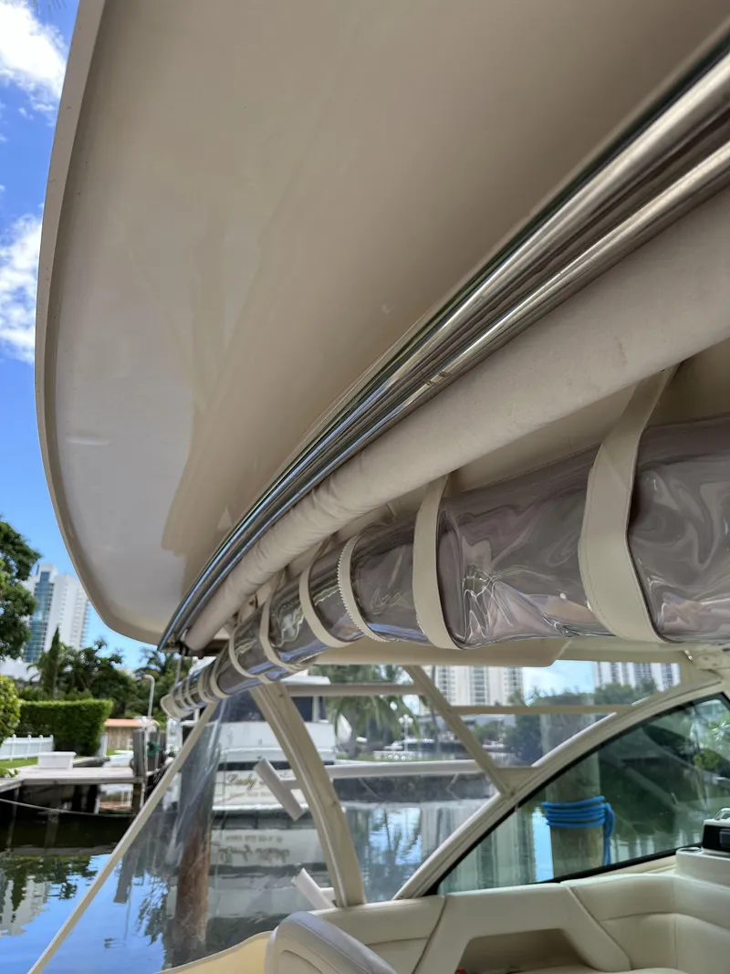 Slide: The Image of 2017 Grady-White Freedom 375 boat, detailed view of canopy and seating area. - 31