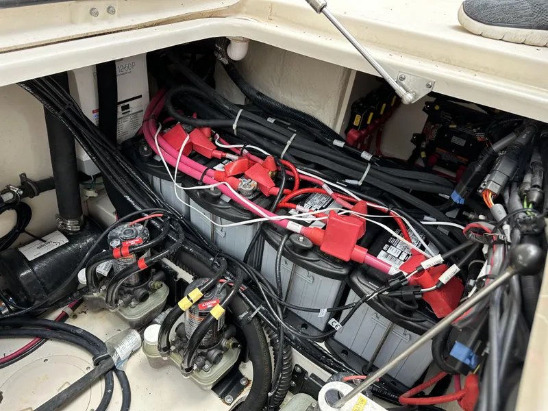 Slide: The Image of Electrical system of a 2017 Grady-White Freedom 375 boat, featuring batteries and wiring. - 35