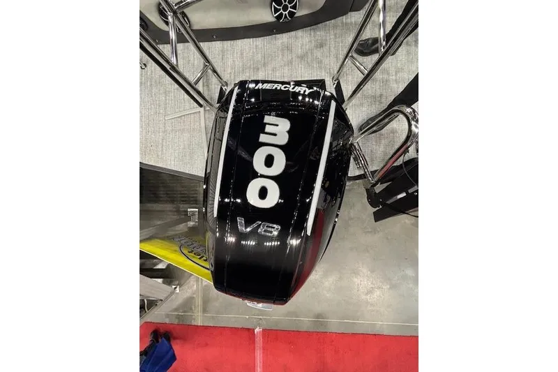 Slide: The Image of Mercury 300 V8 engine on 2026 Harris Sunliner 230 boat, top view. - 14