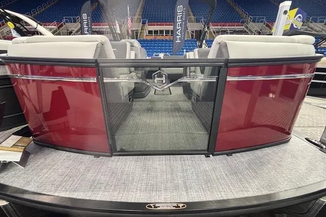 Slide: The Image of 2026 Harris Sunliner 230 pontoon boat with sleek red exterior and spacious seating. - 3