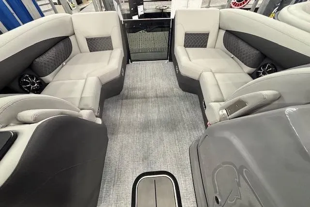 Slide: The Image of 2026 Harris Sunliner 230 interior with luxurious gray seating and modern design. - 30