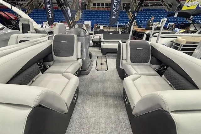 Slide: The Image of 2026 Harris Sunliner 230 pontoon boat interior with luxurious seating and modern design. - 4