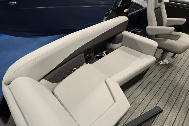 Slide: The Image of 2026 Harris Sunliner 230 boat interior with luxurious seating and modern design. - 28