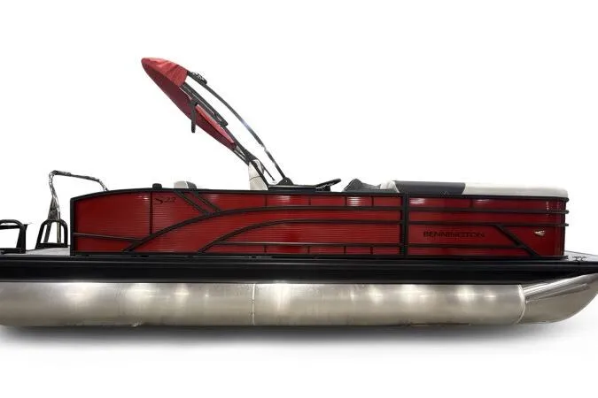 Slide: The Image of 2026 Bennington 22 SSBSF pontoon boat with red exterior and sleek design. - 1