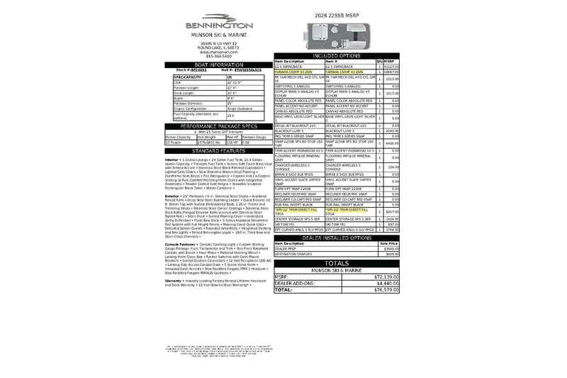 Slide: The Image of 2026 Bennington 22 SSBSF boat specifications and pricing details sheet. - 25