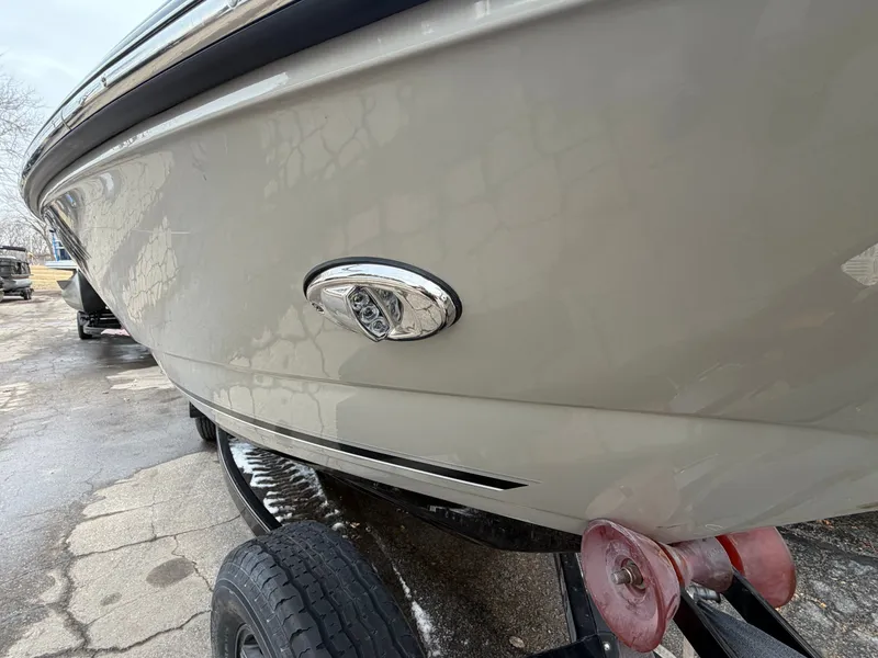 Slide: The Image of Close-up of a 2019 Monterey 224FS boat hull on a trailer. - 14