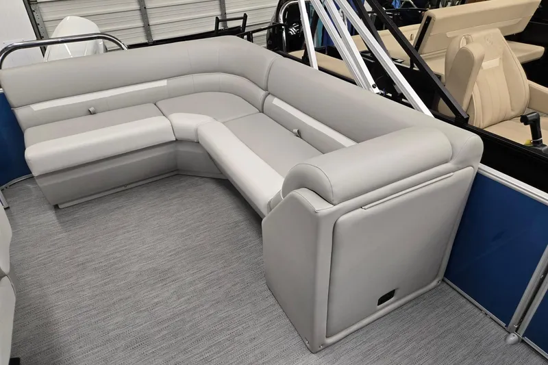 Slide: The Image of 2026 Godfrey EX 2086 CX pontoon boat with luxurious gray seating and modern design. - 6