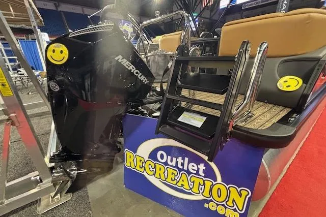 Slide: The Image of 2026 Harris Sunliner 230 boat with Mercury engine at Outlet Recreation display. - 3
