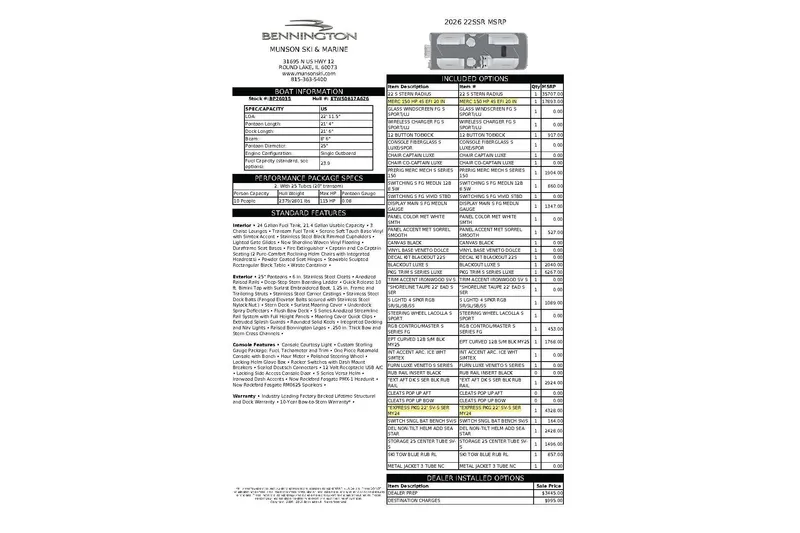 Slide: The Image of Bennington 22 SSRSE 2026 boat specifications and options list with pricing details. - 21