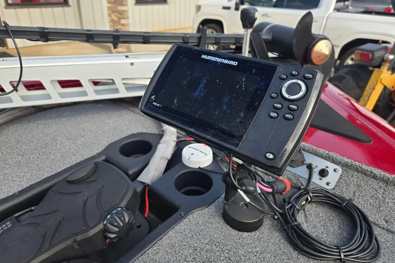Slide: The Image of 2021 Tracker Pro Team 195 TXW boat with Humminbird fish finder and foot pedal controls. - 15