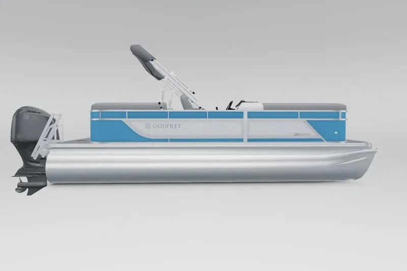 Slide: The Image of 2026 Godfrey EX 2286 SBX pontoon boat, side view, blue and silver design. - 11