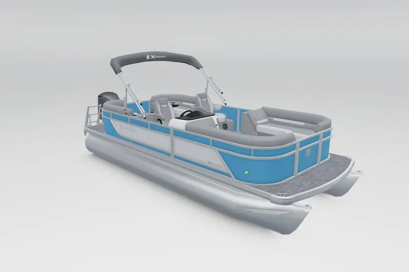 Slide: The Image of 2026 Godfrey EX 2286 SBX pontoon boat, blue and gray design, side view. - 12