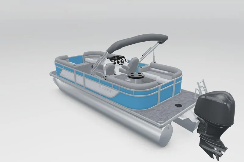 Slide: The Image of 2026 Godfrey EX 2286 SBX pontoon boat with blue accents and outboard motor. - 14