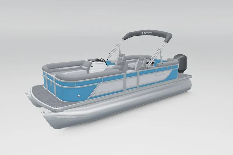 Slide: The Image of 2026 Godfrey EX 2286 SBX pontoon boat, blue and silver design, side view. - 2