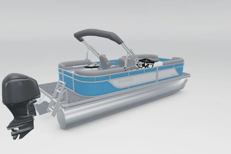Slide: The Image of 2026 Godfrey EX 2286 SBX pontoon boat with outboard motor, blue and gray design. - 4
