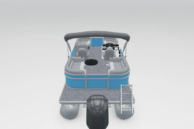 Slide: The Image of 2026 Godfrey EX 2286 SBX pontoon boat, blue and gray design, rear view. - 6