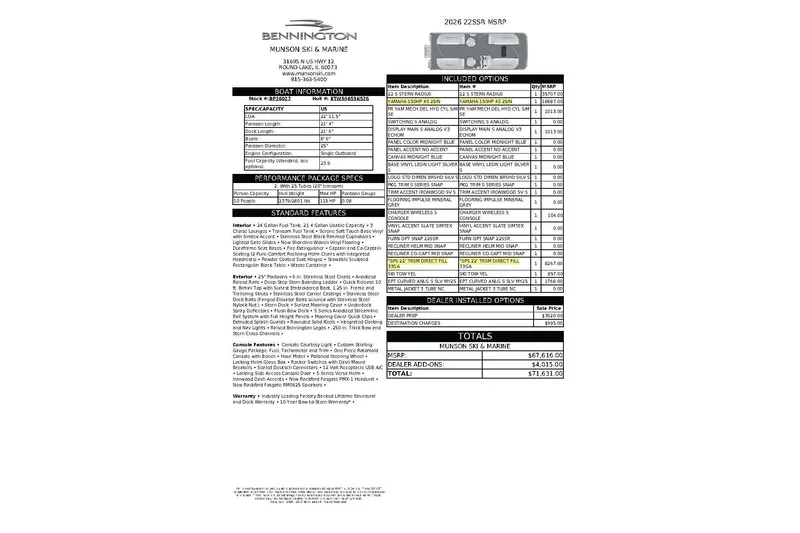 Slide: The Image of Bennington 22 SSRSF 2026 boat specifications and pricing details sheet. - 23