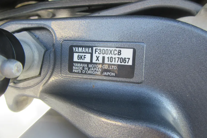 Slide: The Image of Close-up of Yamaha F300XCB engine label on 2024 Parker 2320 SL Sport Cabin. - 8