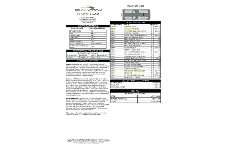 Slide: The Image of 2026 Bennington 22 SSRSF boat specifications and pricing details sheet. - 23