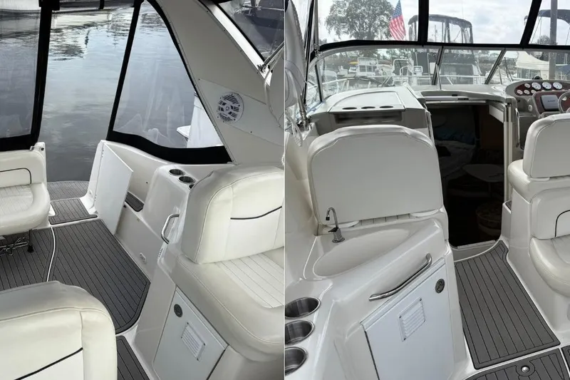 Slide: The Image of 2000 Bayliner 3055 Ciera Sunbridge DX/LX interior with white seating and sleek design. - 6