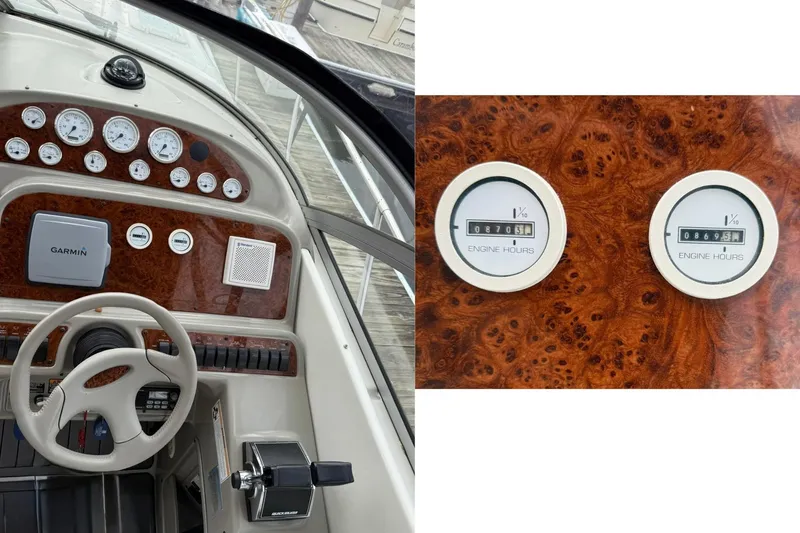 Slide: The Image of 2000 Bayliner 3055 Ciera Sunbridge dashboard with gauges and engine hour meters. - 7