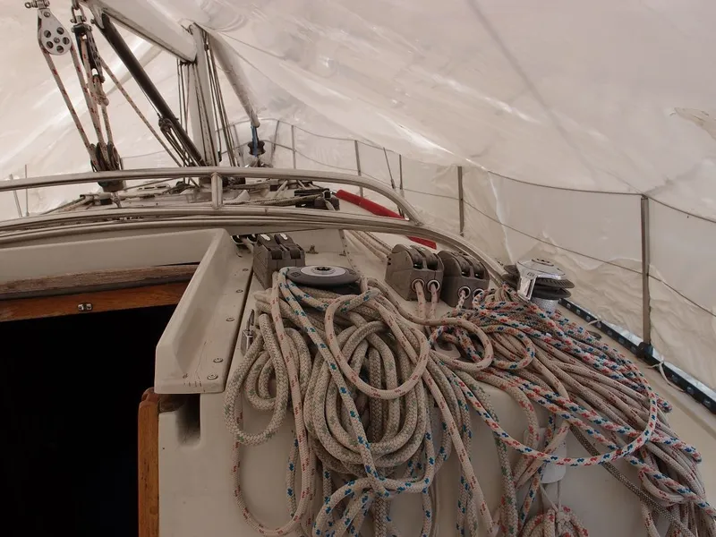Slide: The Image of Interior view of a 1985 C&C 37 sailboat with ropes. - 32