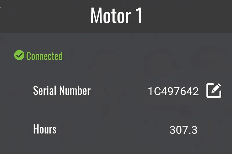 Slide: The Image of Motor 1 status: connected, serial number 1C497642, 307.3 hours. Sun Tracker Party Barge 20 DLX 2011. - 9