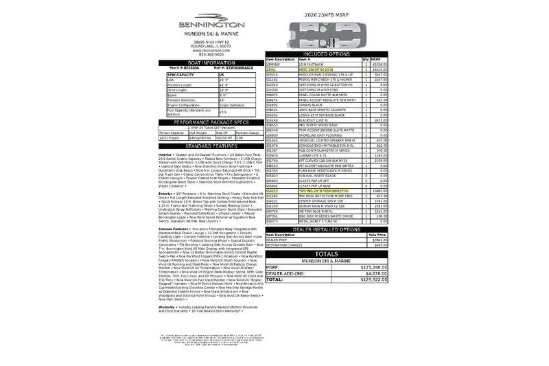 Slide: The Image of 2026 Bennington 23 MFBSF boat specifications and pricing details sheet. - 22