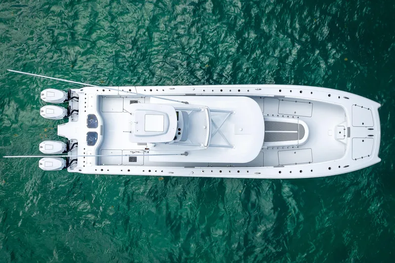 Slide: The Image of Aerial view of 2025 Freeman 43 boat on turquoise water. - 30