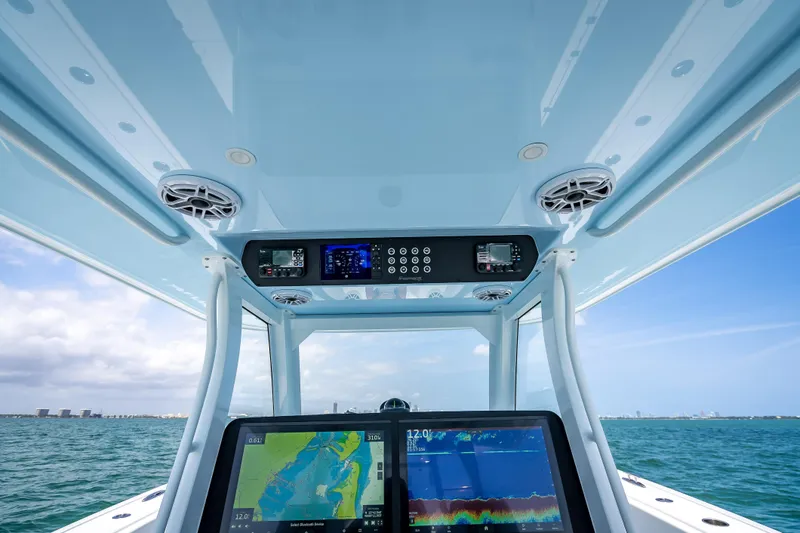 Slide: The Image of Interior view of 2025 Freeman 43 boat with advanced navigation system. - 84