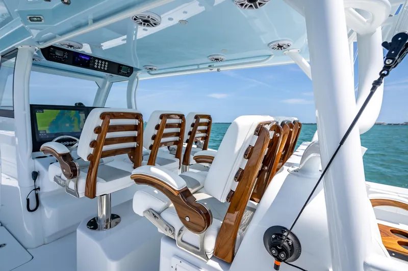 Slide: The Image of Luxury interior of 2025 Freeman 43 boat with elegant seating and advanced navigation system. - 94