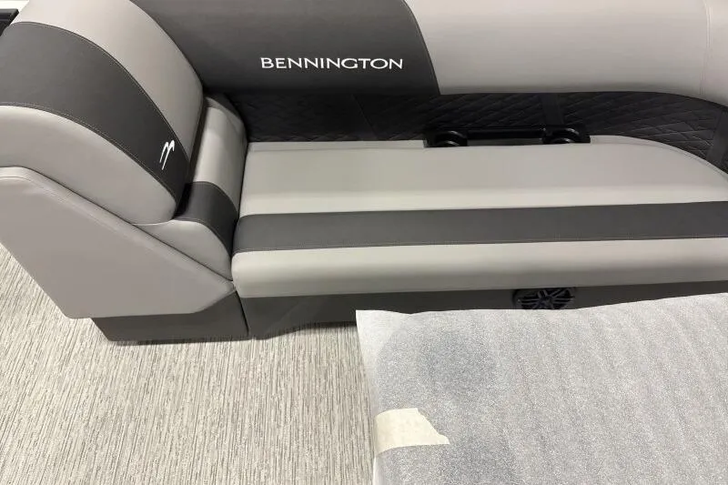 Slide: The Image of 2026 Bennington 23 SSBSF boat interior with gray and black seating. - 10
