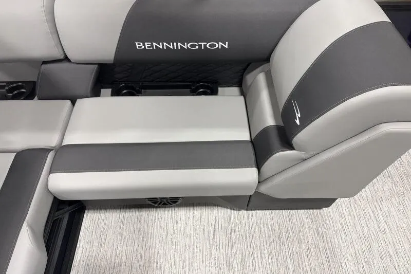 Slide: The Image of 2026 Bennington 23 SSBSF boat seating with gray and black upholstery. - 12